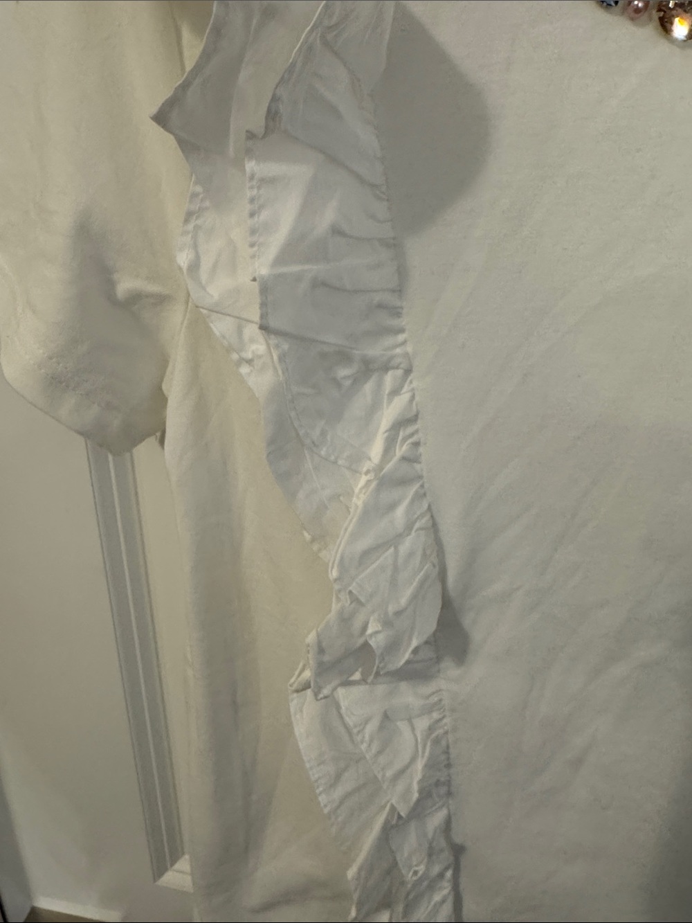 White Short Sleeve Ruffle Tee with Jeweled Neckline - Picture 4 of 7